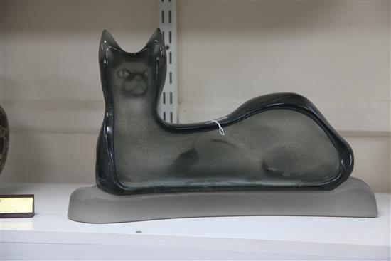 Claude Lhoste for Daum, a grey pate de verre glass seated cat, impressed Daum France, length 40cm, height 25cm incl. base
